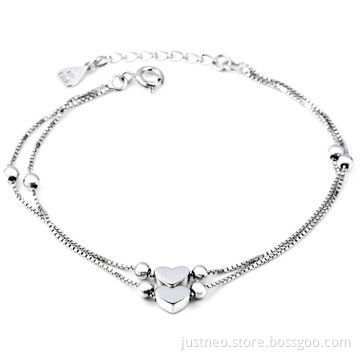 Sterling silver bracelet, box chain bracelet with love heart accent and extender chain